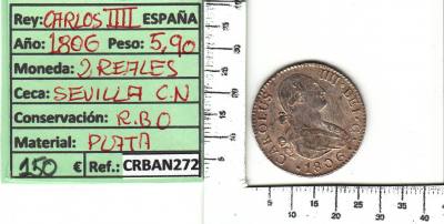 CRBAN272 MONEDA ESPAÑA 2 REALES 1805 CARLOS IV SEVILLA