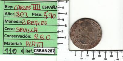 CRBAN287 MONEDA ESPAÑA 2 REALES 1803 CARLOS IV SEVILLA