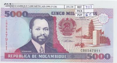 BILLETE MOZAMBIQUE 5.000 METICAIS 1991 P-136 SIN CIRCULAR