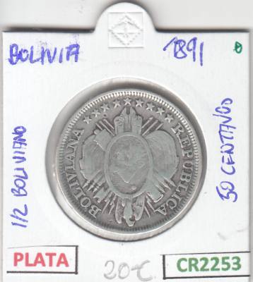 CR2253 MONEDA BOLIVIA 1/2 BOLIVIANO 1891 PLATA BC