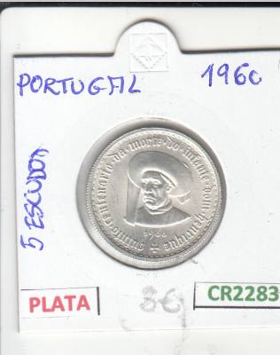 CR2283 MONEDA PORTUGAL 5 ESCUDOS 1960 PLATA SIN CIRCULAR