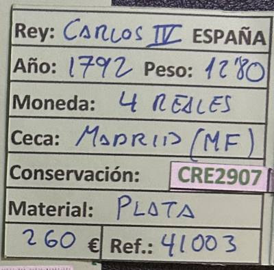 CRE2907 MONEDA ESPAÑA CARLOS IV 4 REALES 1792 MADRID PLATA