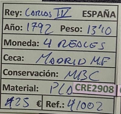 CRE2908 MONEDA ESPAÑA CARLOS IV 4 REALES 1792 MADRID PLATA
