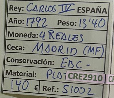 CRE2910 MONEDA ESPAÑA CARLOS IV 4 REALES 1792 MADRID PLATA