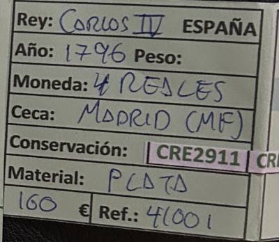 CRE2911 MONEDA ESPAÑA CARLOS IV 4 REALES 1796 MADRID PLATA