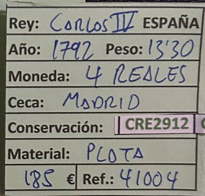 CRE2912 MONEDA ESPAÑA CARLOS IV 4 REALES 1792 MADRID PLATA