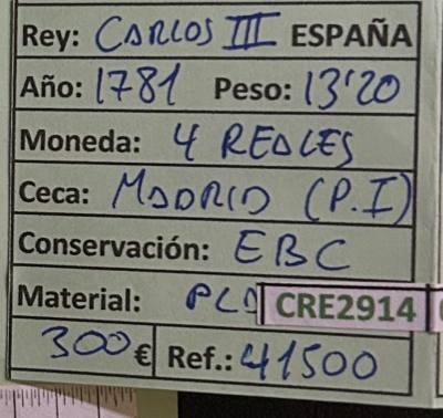 CRE2914 MONEDA ESPAÑA CARLOS III 4 REALES 1781 MADRID PLATA