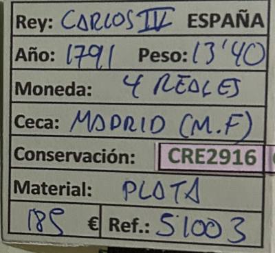 CRE2916 MONEDA ESPAÑA CARLOS IV 4 REALES 1791 MADRID PLATA