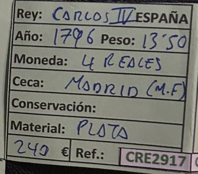CRE2917 MONEDA ESPAÑA CARLOS IV 4 REALES 1796 MADRID PLATA