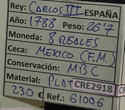 CRE2918 MONEDA ESPAÑA CARLOS III 8 REALES 1788 MEXICO PLATA