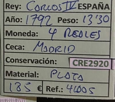 CRE2920 MONEDA ESPAÑA CARLOS IV 4 REALES 1792 MADRID PLATA