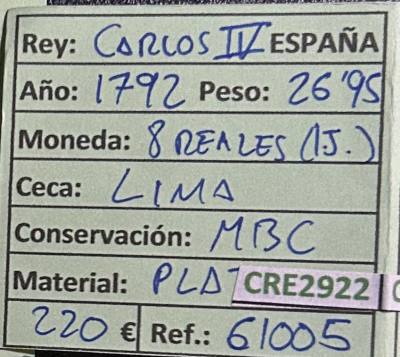 CRE2922 MONEDA ESPAÑA CARLOS IV 8 REALES 1721 LIMA PLATA