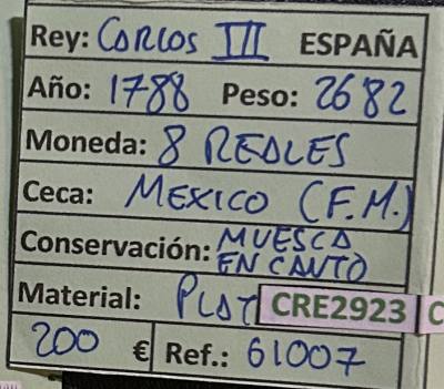 CRE2923 MONEDA ESPAÑA CARLOS III 8 REALES 1788 MEXICO PLATA
