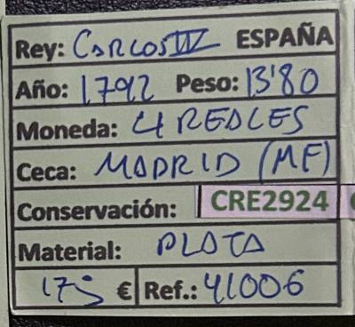 CRE2924 MONEDA ESPAÑA CARLOS IV 4 REALES 1792 MADRID PLATA