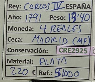 CRE2925 MONEDA ESPAÑA CARLOS IV 4 REALES 1791 MADRID PLATA