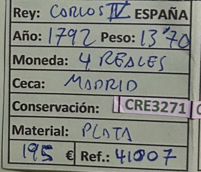 CRE3271 MONEDA ESPAÑA CARLOS IV 4 REALES 1792 MADRID PLATA