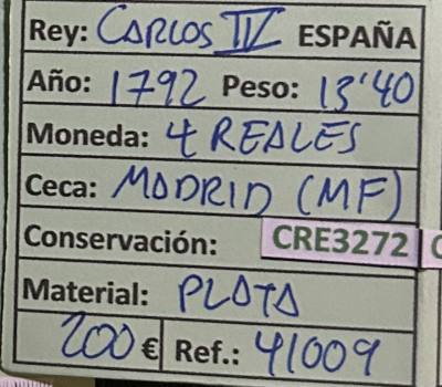 CRE3272 MONEDA ESPAÑA CARLOS IV 4 REALES 1792 MADRID PLATA