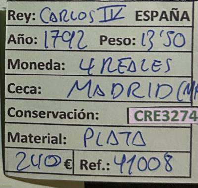 CRE3274 MONEDA ESPAÑA CARLOS IV 4 REALES 1792 MADRID PLATA