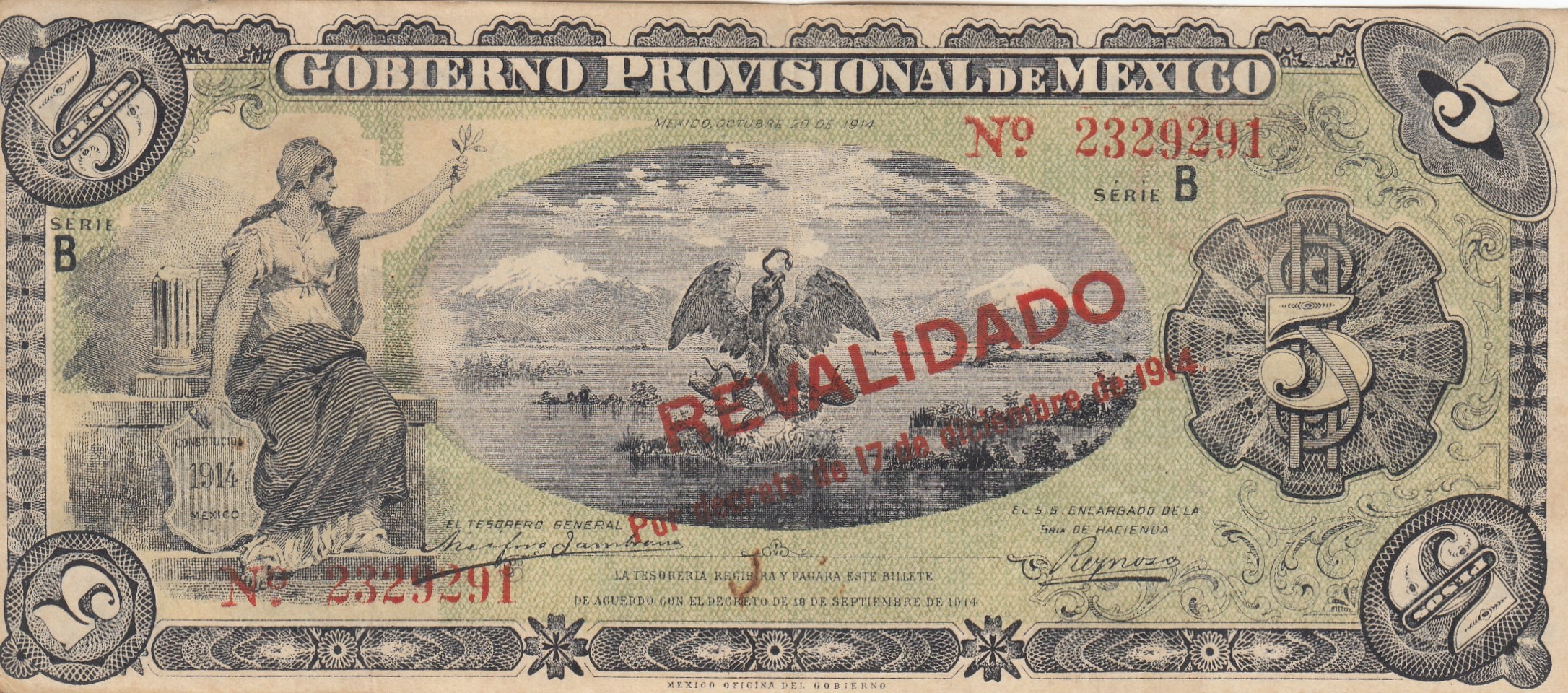 CRBX0460 BILLETE MEXICO 5 PESOS 1914 MBC
