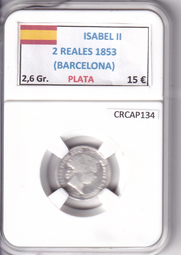 CRCAP134 MONEDA ESPAÑA ISABEL II 2 REALES 1853 BARCELONA PLATA