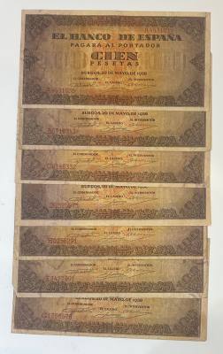 CRBS1975 LOTE 7 BILLETES ESPAÑA 100 PESETAS 1938 DIFERENTES SERIES