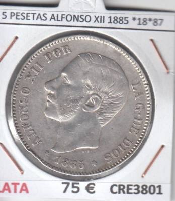 CRE3801 MONEDA ESPAÑA 5 PESETAS ALFONSO XII 1885 *18*87 PLATA BC BO