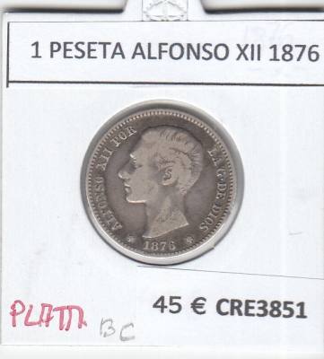 CRE3851 MONEDA ESPAÑA 1 PESETA ALFONSO XII 1876 PLATA BC