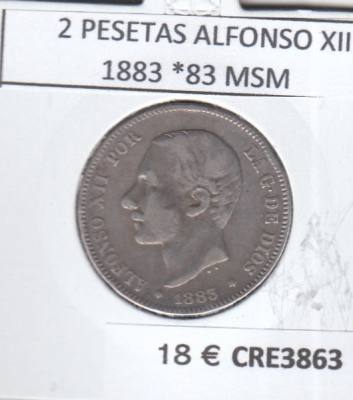 CRE3863 MONEDA ESPAÑA 2 PESETAS ALFONSO XII 1883 *83 MSM PLATA BC