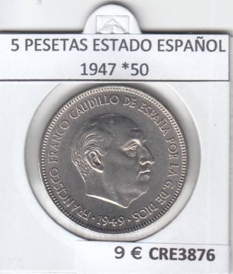 CRE3876 MONEDA ESPAÑA 5 PESETAS ESTADO ESPAÑOL 1947 *50 SIN CIRCULAR