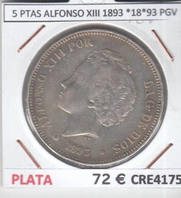 CRE4175 MONEDA ESPAÑA 5 PESETA ALFONSO XIII 1893 *18*93 PGV PLATA BC