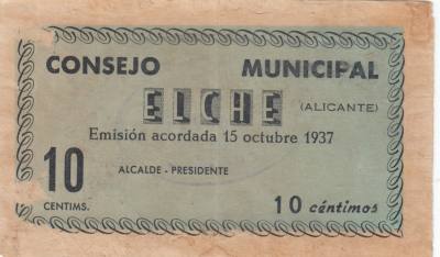 CRBL0200 BILLETE LOCAL ELCHE 10 CTS 1937 MBC