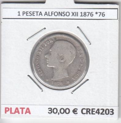 CRE4203 MONEDA ESPAÑA 1 PESETA ALDONSO XII 1876 *76 PLATA BC