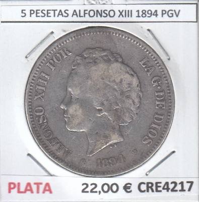 CRE4217 MONEDA ESPAÑA 5 PESETAS ALDONSO XIII 1894 PGV PLATA BC