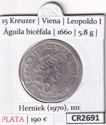 CR2691 MONEDA IMPERIO AUSTRIACO 15 KREUZER VIENA LEOPOLDO I 1660 PLATA