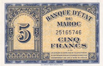 CRBX0697 BILLETE MARRUECOS 5 FRANCOS 1944 SIN CIRCULAR