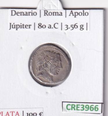 CRE3966 MONEDA ROMANA DENARIO ROMA APOLO JUPITER 80 A.C. PLATA