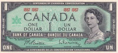 CRBX0722 BILLETE CANADA 1 DÓLAR 1967 SIN CIRCULAR