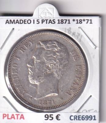 CRE6991 MONEDA ESPAÑA AMADEO I 5 PESETAS 1871 *18*71 PLATA