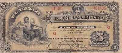 CRBX2676 BILLETE GUANAJUATO (MEXICO) 5 PESOS 1914 SERIE G BC