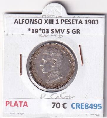 CRE8495 MONEDA ESPAÑA ALFONSO XIII 1 PESETA 1903 *19*03 SMV 5 GR PLATA