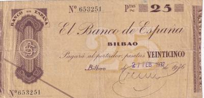 CRBL0589 BILLETE LOCAL ESPAÑA BILBAO 25 PESETAS 1936 MBC