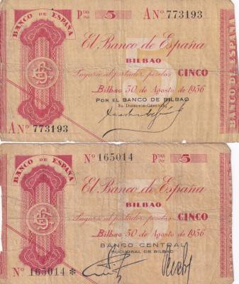 CRBL0591 LOTE 2 BILLETES LOCAL ESPAÑA BILBAO 5 PESETAS 1936 SIN SERIE Y A BC