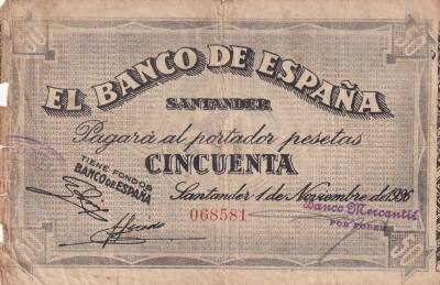 CRBL0598 BILLETE LOCAL ESPAÑA SANTANDER 50 PESETAS 1936 SIN SERIE BC