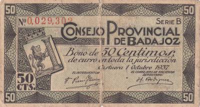 CRBL0608 BILLETE LOCAL ESPAÑA BADAJOZ 50 CENTIMOS 1937 BC