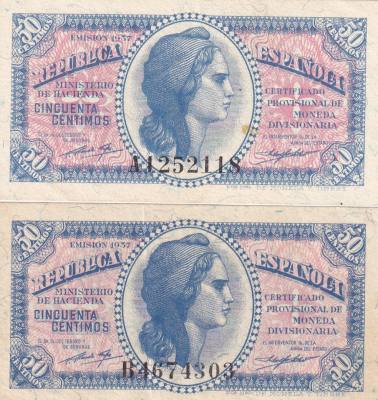 CRBS3246 LOTE 2 BILLETES ESPAÑA 50 CENTIMOS EMISION 1937 SERIE A-B S/C-