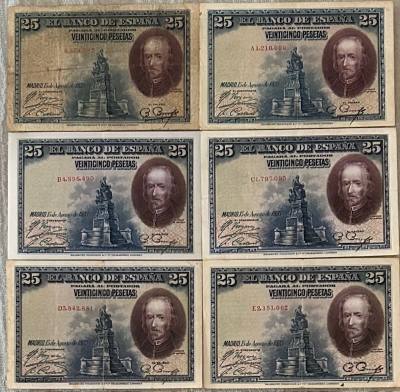 CRBS3259 LOTE 6 BILLETES ESPAÑA 25 PESETAS 1928 TODAS LA SERIES MBC