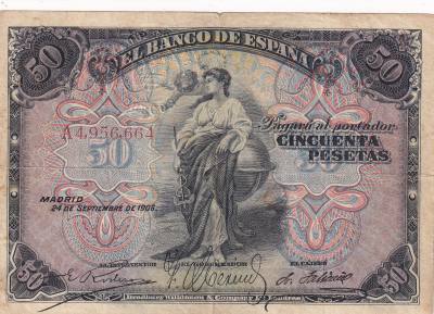 CRBS3261 BILLETE ESPAÑA 50 PESETAS 1906 SERIE A RESELLO EN SECO MBC