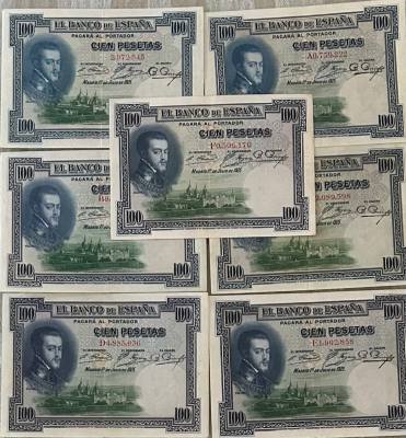 CRBS3272 LOTE 7 BILLETES ESPAÑA 100 PESETAS 1925 TODAS LA SERIES MBC/EBC