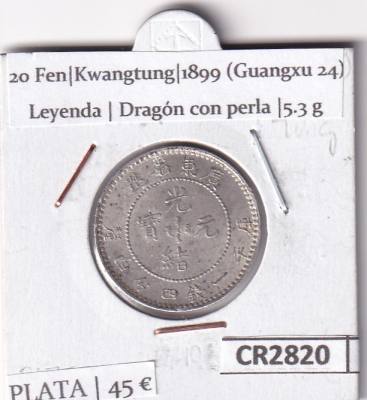 CR2820 MONEDA CHINA 20 FEN KWANGTUNG LEYENDA DRAGON CON PERLA GUANGXU 24 (1899)