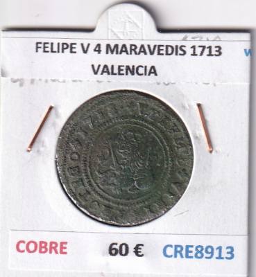CRE8913 MONEDA ESPAÑA FELIPE V 4 MARAVEDIS 1713 VALENCIA COBRE